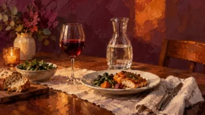 Oil-painted dinner still life with a wine glass, water carafe and ordinary meal.