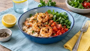 A blue bowl of cooked shrimp, rice, tomatoes and greens beside lemon.