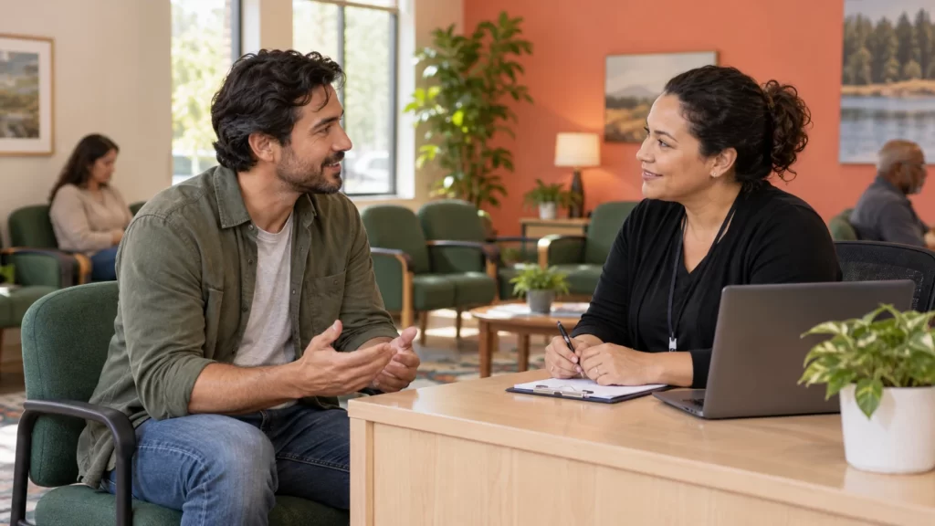 An adult speaking with a staff member at a forest-green and coral reception area.