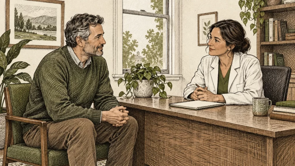 Olive and cocoa pen-and-ink illustration of two adults talking at a consultation desk.