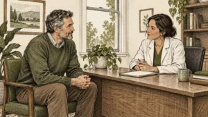 Olive and cocoa pen-and-ink illustration of two adults talking at a consultation desk.
