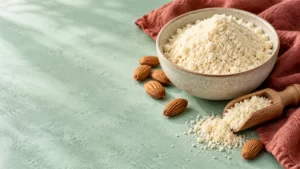 A bowl of almond flour beside almonds and a scoop on a mint-colored surface.