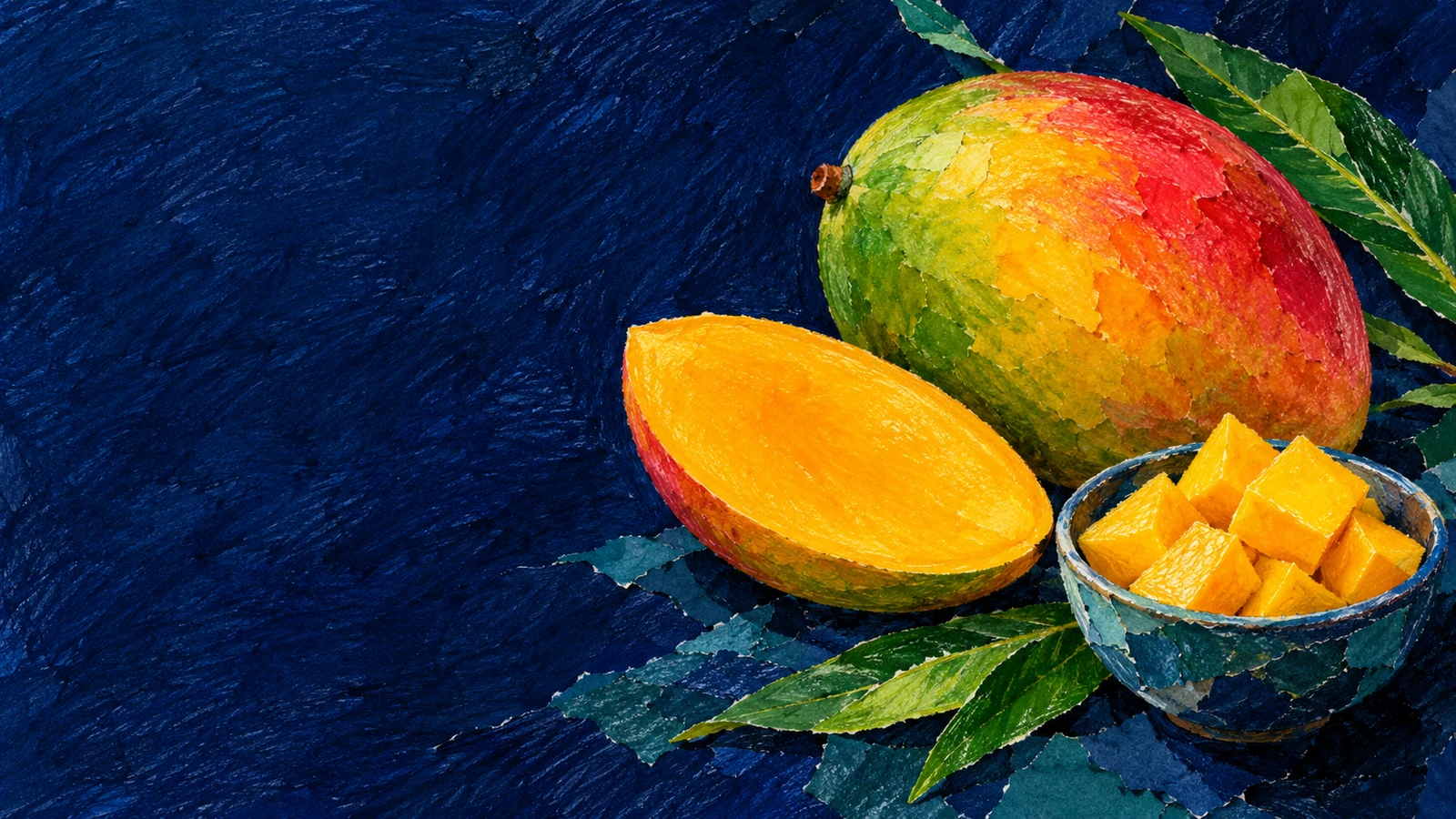 Blue and yellow oil painting of cut mango.