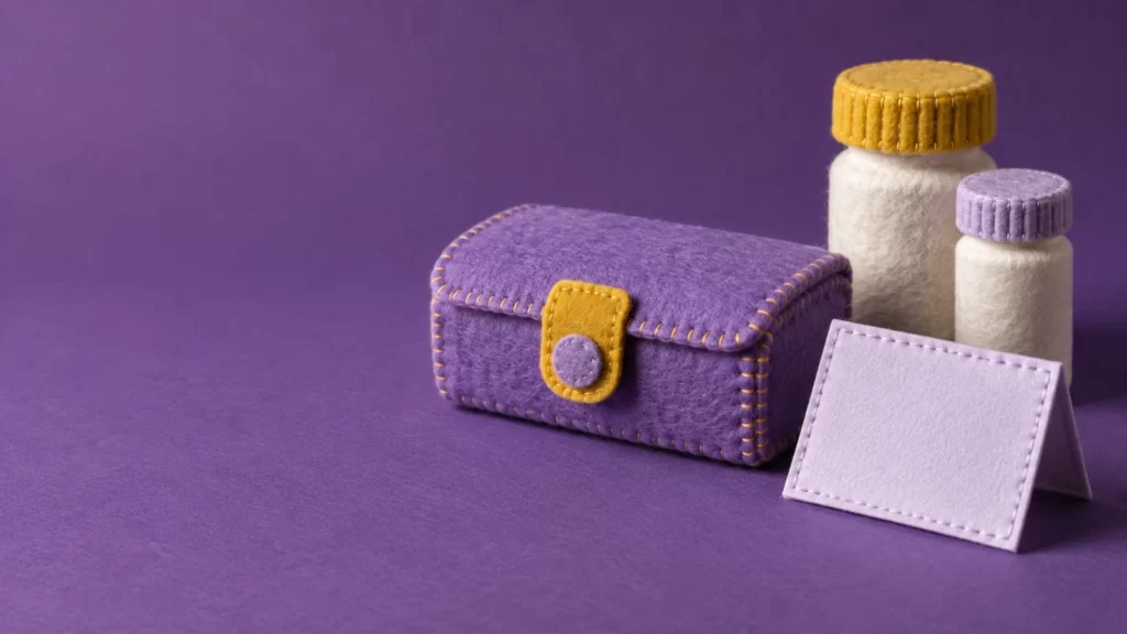 Violet and mustard felt illustration of a medicine organizer, containers and a blank card.