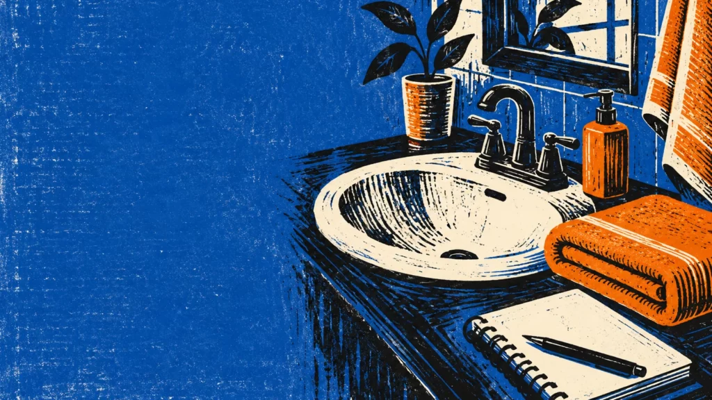 Cobalt and pumpkin linocut of a bathroom basin, folded towel and open notebook.