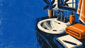 Cobalt and pumpkin linocut of a bathroom basin, folded towel and open notebook.