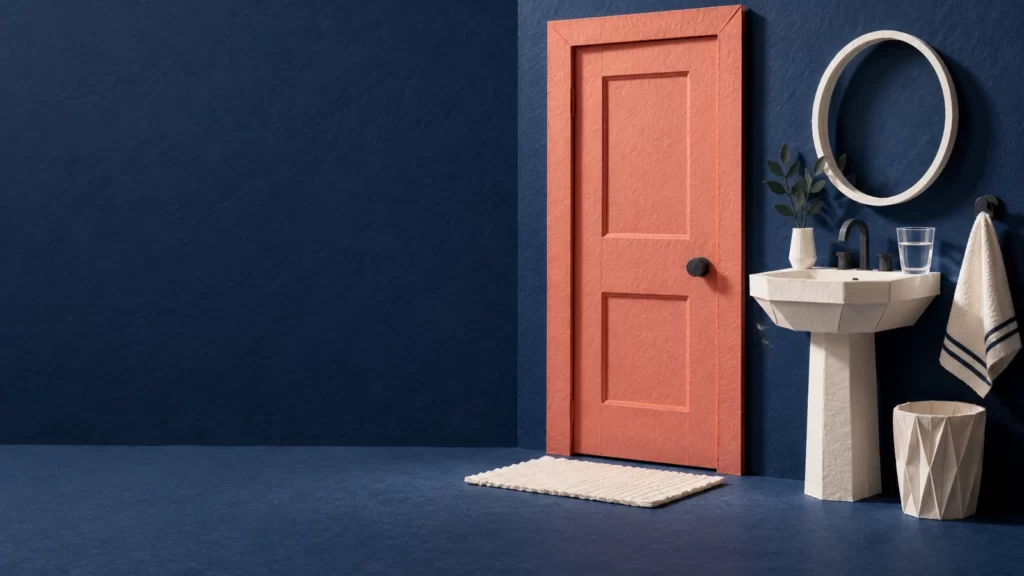 Indigo and coral paper architecture with a door, basin and folded towel.