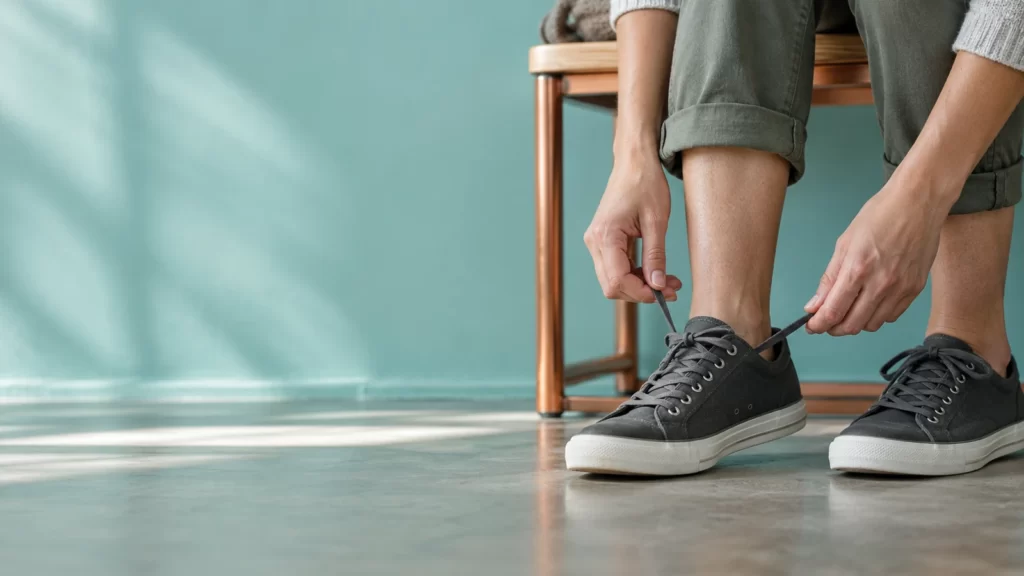 An adult loosening charcoal shoes while seated beside a chair in an aqua-colored room.