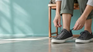 An adult loosening charcoal shoes while seated beside a chair in an aqua-colored room.