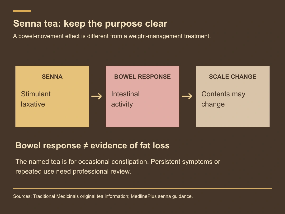Senna stimulates a bowel response; a resulting scale change does not establish fat loss. The tea is for occasional constipation.