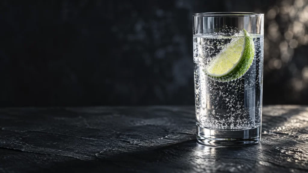 A glass of clear bubbling water beside lime on a dark slate surface.