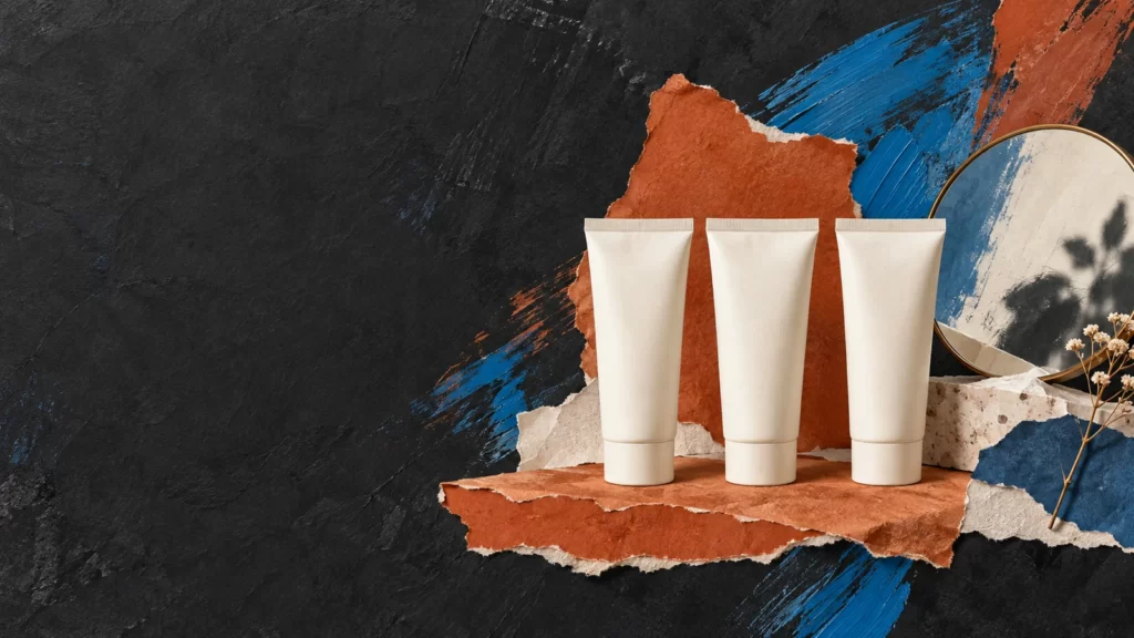 Charcoal, azure and terracotta cut-paper illustration of identical blank tubes beside a mirror.