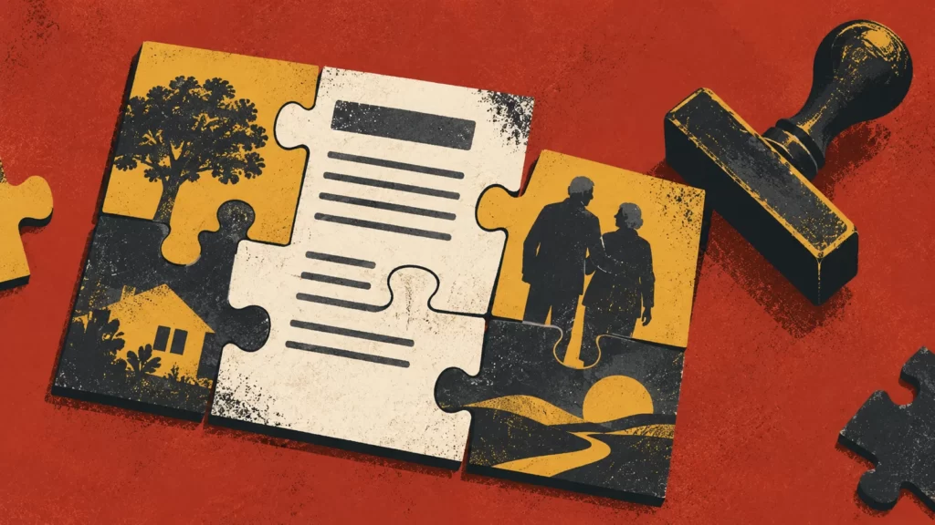 Brick-red, mustard and charcoal collage with blank forms and puzzle-like shapes.