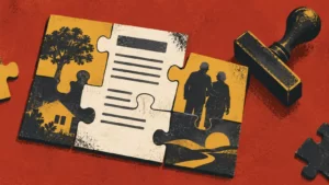 Brick-red, mustard and charcoal collage with blank forms and puzzle-like shapes.