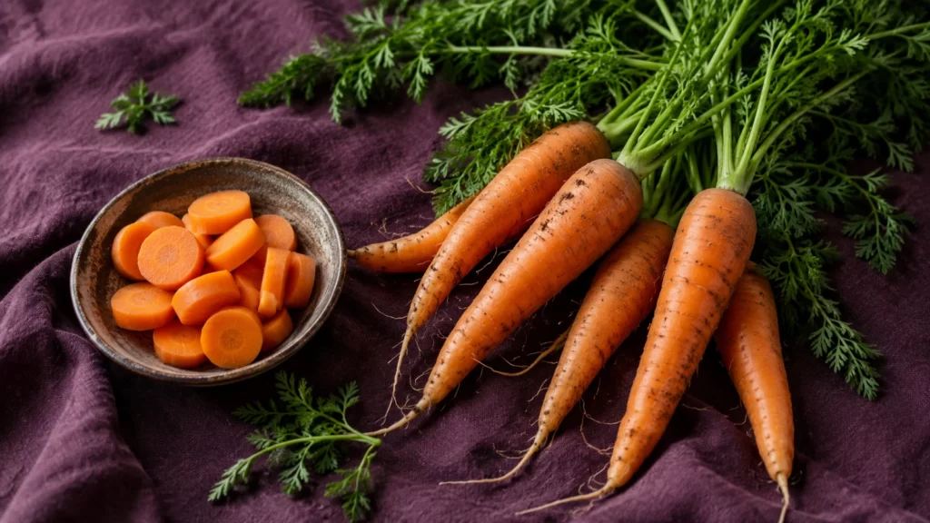 Fresh orange carrots and green tops arranged on dark aubergine linen.