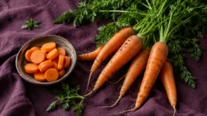 Fresh orange carrots and green tops arranged on dark aubergine linen.