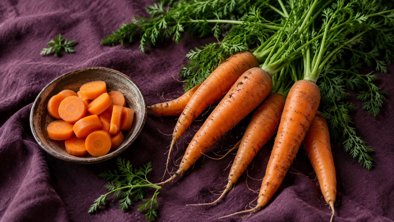 Carrots and carrot slices on a violet cloth.