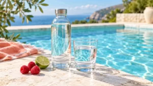 Plain clear water bottle and glass beside raspberries and lime on an aqua surface.