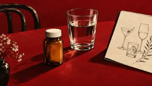 Crimson ink-and-wash still life of a closed amber bottle, water glass and blank menu.