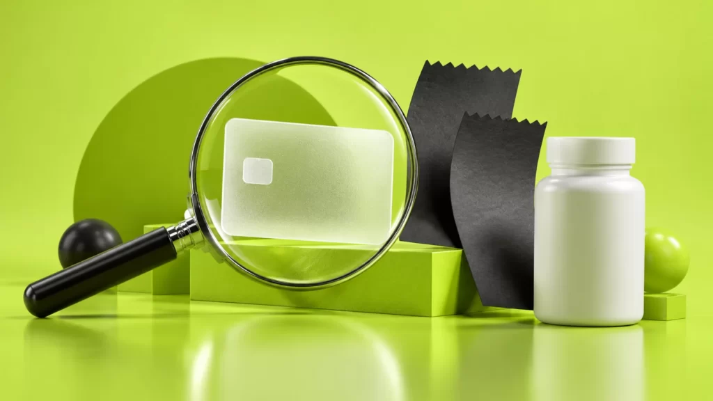 Acid-lime and black three-dimensional shapes with a magnifying lens and blank cards.