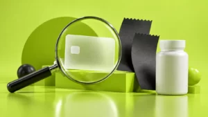 Acid-lime and black three-dimensional shapes with a magnifying lens and blank cards.