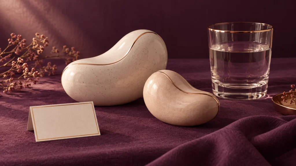 Plum-colored still life with abstract bean-shaped ceramics, water and a blank card.