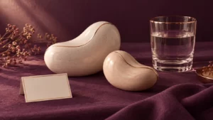 Plum-colored still life with abstract bean-shaped ceramics, water and a blank card.