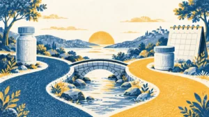 Denim-blue and saffron curved paths, bridge and blank calendar shapes.
