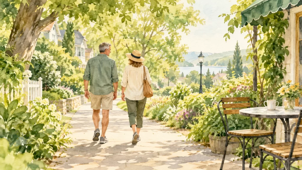 Two adult walkers on a leafy neighborhood path in a green and yellow watercolor scene.