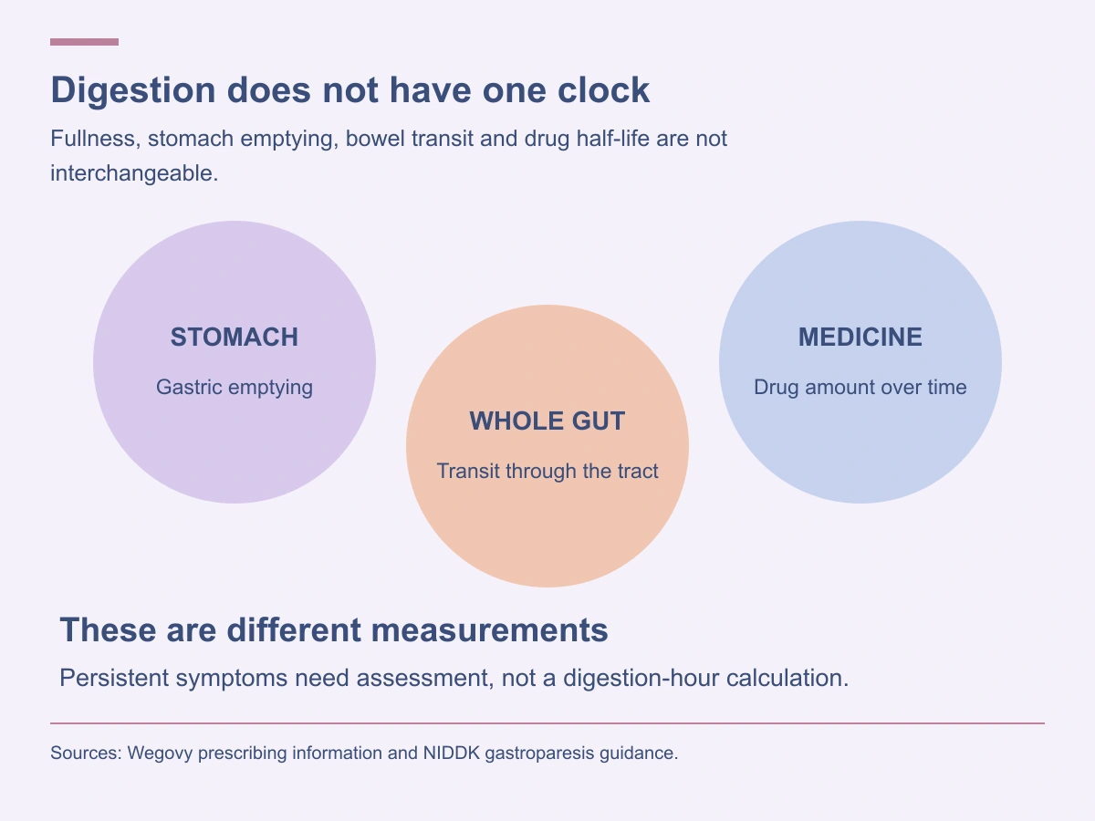 Gastric emptying, whole-gut transit and medicine half-life describe different measurements; symptoms cannot calculate them.