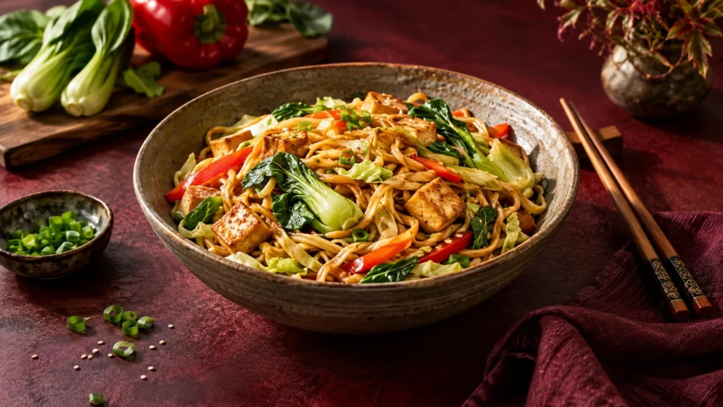 Photographic-style noodle bowl with vegetables and tofu on a burgundy table.