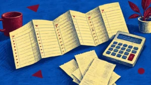 Cobalt, pale-yellow and wine woodcut-style budget ledger, calculator and blank receipts.