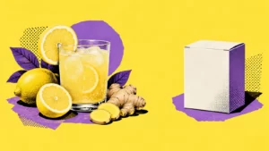 Yellow and violet halftone scene separating a citrus and ginger drink from an unbranded blank carton.