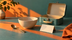 Burnt-orange and muted-teal ceramic breakfast still life with an empty lunchbox and blank card.