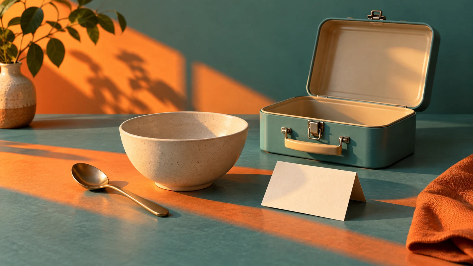 Blank card, metal case, bowl and spoon in green and orange.