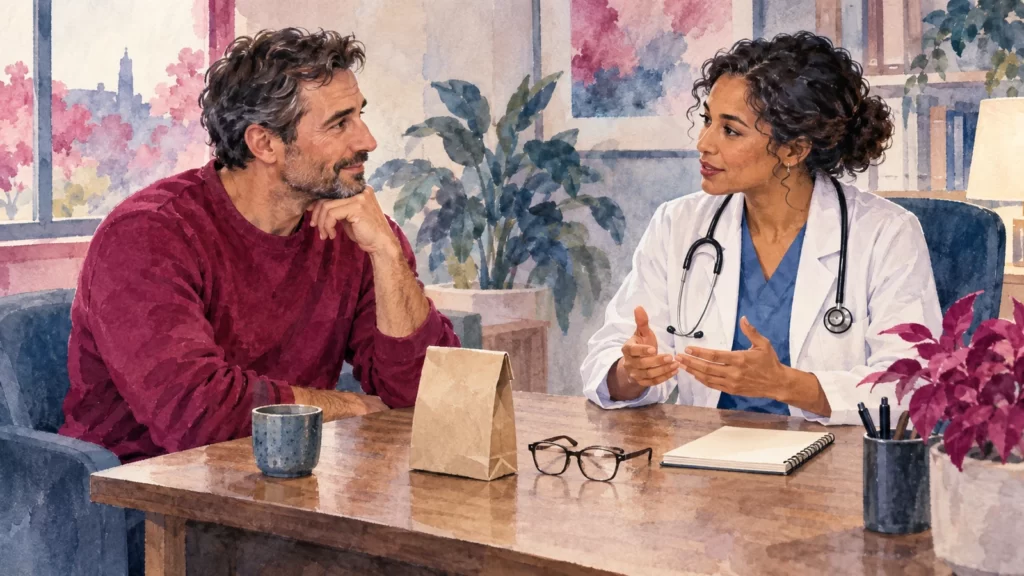 Magenta and steel-blue watercolor of a fictional adult man and clinician reviewing a blank notebook.
