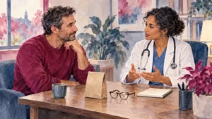 Magenta and steel-blue watercolor of a fictional adult man and clinician reviewing a blank notebook.