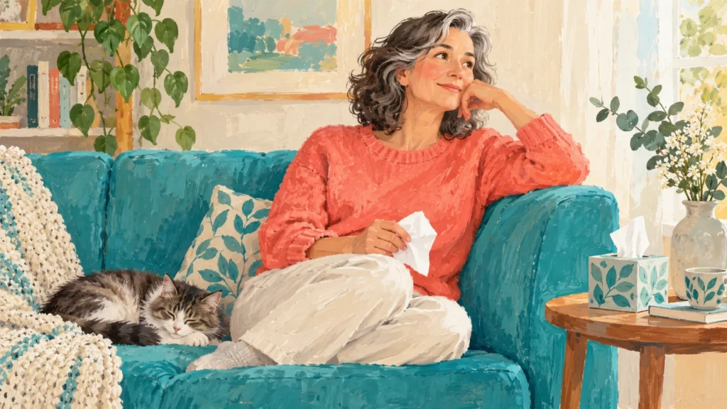 Gouache scene of a fictional adult holding a clean tissue away from the face beside a turquoise sofa.