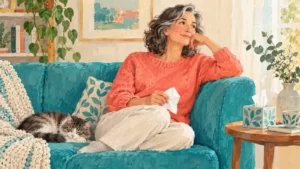 Gouache scene of a fictional adult holding a clean tissue away from the face beside a turquoise sofa.