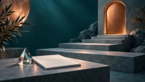 Petrol-teal sculptural stone steps leading to a closed copper arch beside blank research papers and a glass prism.