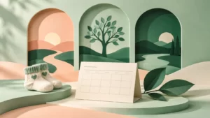 Mint and peach paper arches with a blank appointment card, folded baby socks and a decorative leaf.