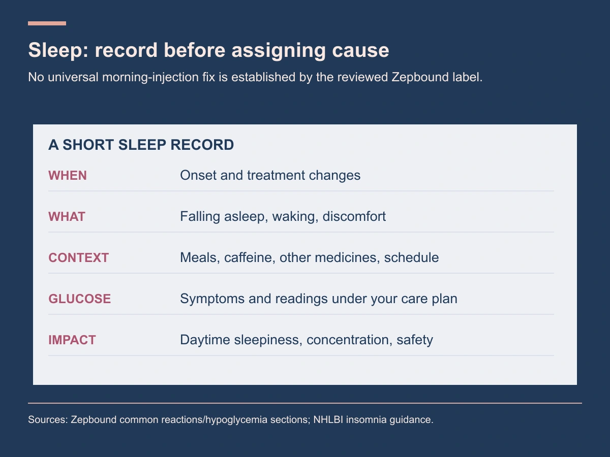 A sleep record notes onset, sleep pattern, meals and medicines, glucose context and daytime impact.