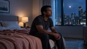 Fictional adult man seated at the edge of a bed in an ink-blue and coral-lit bedroom at night.