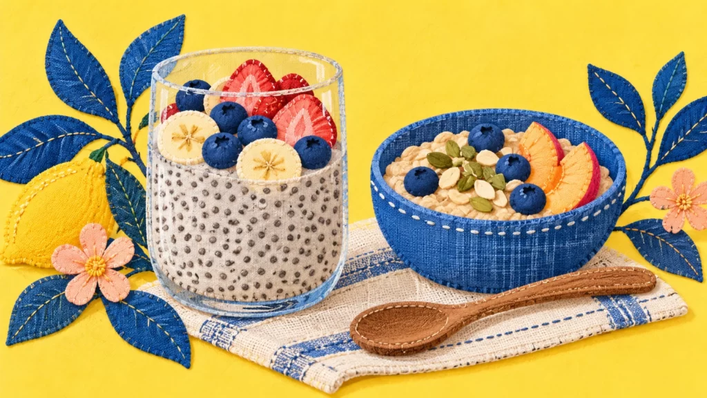 Blue textile bowls with prepared chia pudding, fruit and oatmeal against yellow fabric.