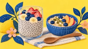 Blue textile bowls with prepared chia pudding, fruit and oatmeal against yellow fabric.
