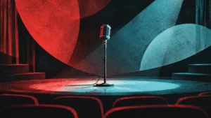 Ruby-red and cyan risograph stage scene with an unbranded microphone and abstract light.