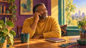 Fictional Black adult using a phone beside a window in ochre, plum and jade pastels.