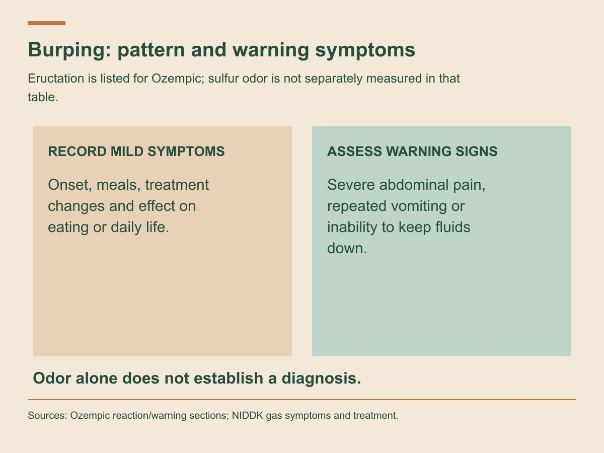Burping review records the pattern while severe abdominal pain, repeated vomiting or inability to keep fluids down needs prompt assessment.