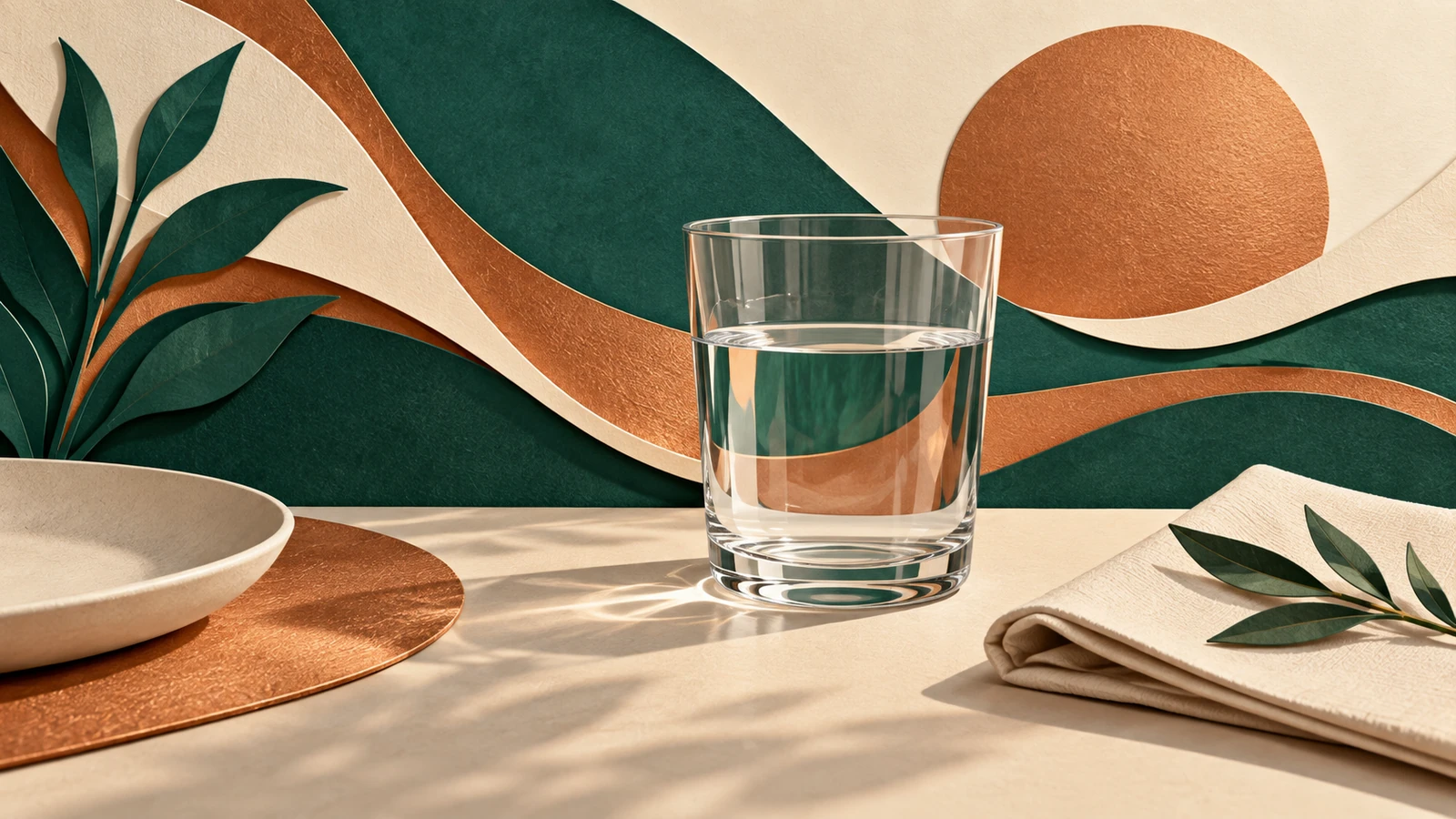 Paper forms and a clear water glass in green, copper and ivory.