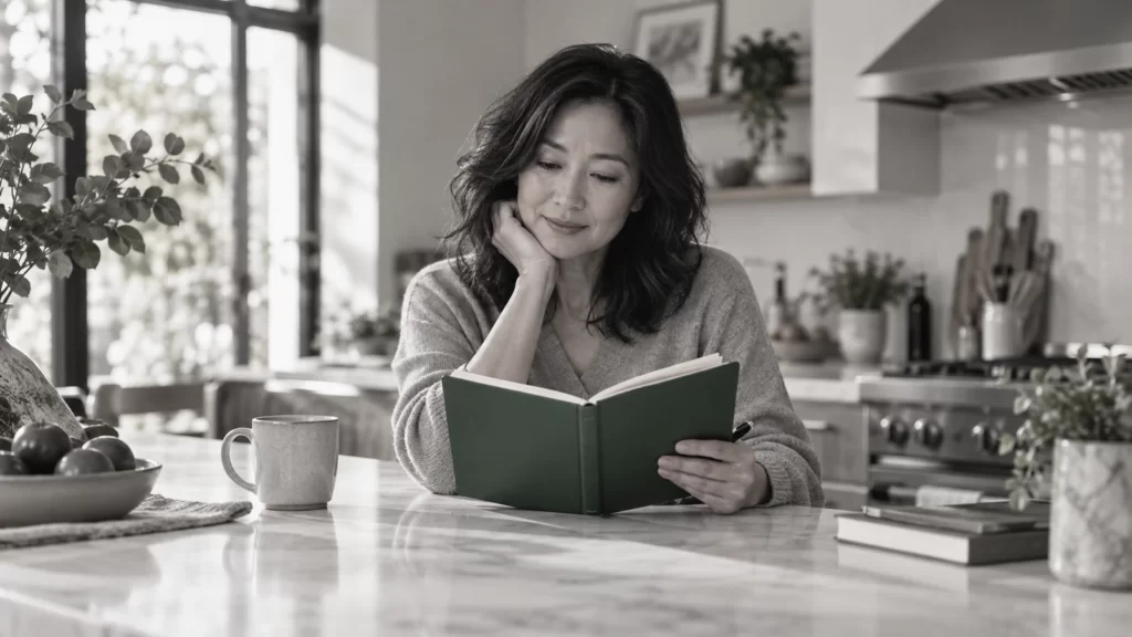 Fictional Asian adult reading an emerald notebook in a pearl-gray kitchen.